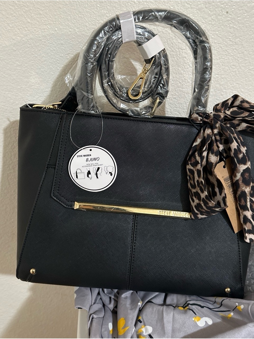 Steve Madden Black Satchel with Leopard Scarf Accent